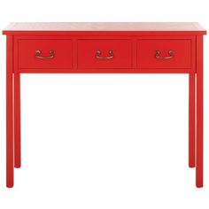 a red table with two drawers on one side and an open drawer on the other