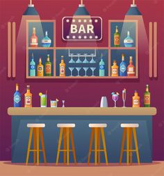 an illustration of a bar with stools and bottles