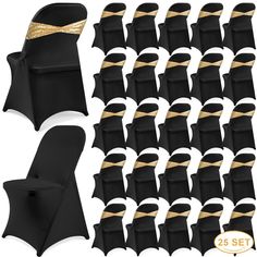 black chair covers with gold sashs and matching chairs for wedding party or special event