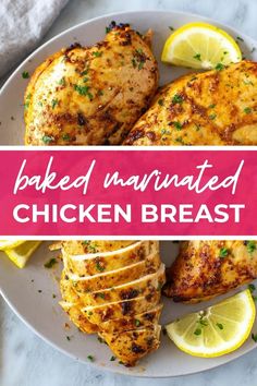 baked marinated chicken breast on a plate with lemons and parsley