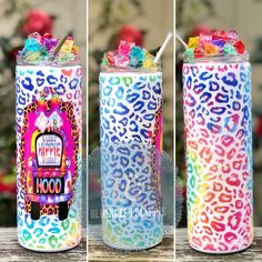 three different shots of the same drink in a can with straws and candy on top