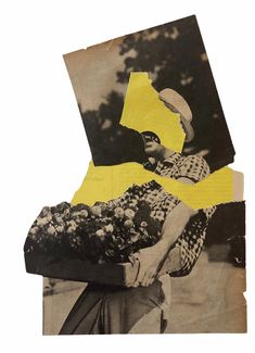 a collage of an old woman with flowers in her hand and yellow paper over her head