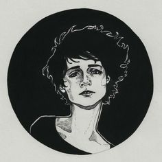 a black and white drawing of a woman's face in a circular frame with curly hair