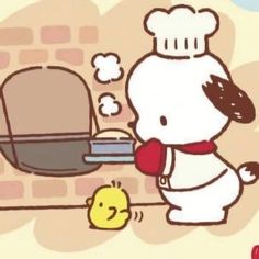 an image of a cartoon dog cooking in the oven with a chick ducky nearby