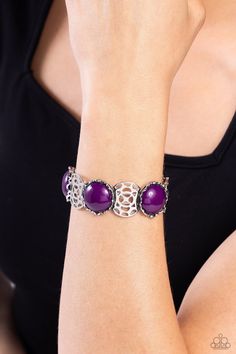 Featuring scalloped silver fittings, a collection of oversized plum beads and airy cutout silver frames are threaded along stretchy bands around the wrist for a whimsical pop of color. Sold as one individual bracelet. Purple Bracelet, Mixed Metal Jewelry, Purple Jewelry, Purple Necklace, Colorful Accessories, Silver Frames, Paparazzi Accessories, Stretchy Bracelets, Purple Backgrounds