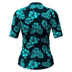 Women Tropical & Floral Print Hawaiian Cycling Jersey Blue - Freestylecycling.com Fitted Hawaiian Floral Print Tops, Tropical Printed Tops For Surfing, Tropical Printed Tops For Resortwear, Fitted Tropical Print Tops, Green Tropical Hibiscus Print Top, Green Hawaiian Tops With Hibiscus Print, Fitted Tropical Tops, Fitted Tropical Hawaiian Shirt For Beach, Fitted Printed Hawaiian Shirt For Beach