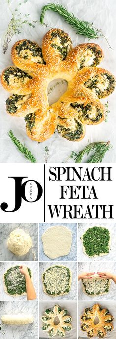 spinach and feta wreaths with text overlay that reads, spinach and feta wreath