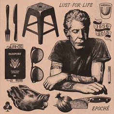 an old man with tattoos sitting at a table surrounded by assorted kitchen utensils