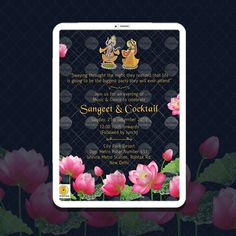 the wedding ceremony is displayed on an ipad with pink flowers in front of black background