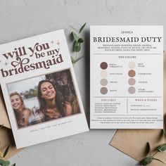 two bridesmaid cards on top of envelopes next to each other with greenery