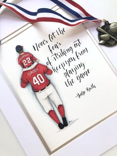 This made to order watercolor is painted on 8x10 cold press paper. This makes a perfect addition a baby boy's nursery or little boy's baseball themed room. It would also make an excellent and unique baby shower gift or as a Father's Day gift. Since it is made to order the teams/names/numbers can be customizable. Just leave a note in the note to seller section. For the football version: https://www.etsy.com/listing/554024480/football-nursery-decor-fathers-day-gift?ref=shop_home_active_10 For more listings and gift ideas check out the rest of the shop: https://www.etsy.com/shop/BMonteDesigns?ref=s2-header-shopname Yankees Nursery, Football Nursery Decor, Yellow Boy Nursery, Girls Reading Nook, Babe Ruth Quotes, Football Nursery