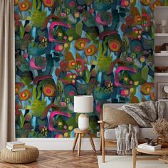 a living room scene with focus on the colorful wallpaper