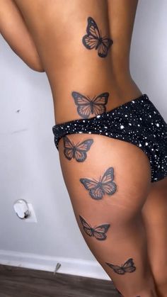 Side Thigh Tattoos Butterflies, Tattoo Ideas Female Thigh Butterflies, Butterfly On Buttocks Tattoo, Black Woman Butterfly Tattoo, Palm Size Tattoos, Big Butterfly Tattoo On Buttcheek, Amazing 3d Tattoos, 3d Tattoos