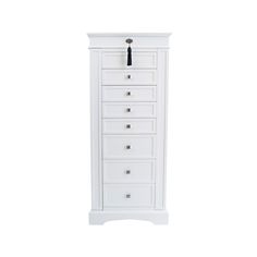 a white cabinet with drawers and black handles