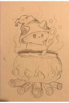 a drawing of a cat in a pot on fire