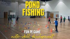 a group of children playing with plastic pomp fishing in an indoor school gym area