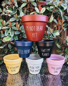 four different colored bowls sitting on top of a table next to each other with words painted on them