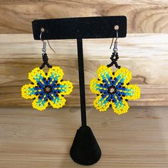 Beautiful Handmade Huichol Earrings, From Mexico. Lightweight And Chic! The Perfect Complement To Any Outfit! Yellow Beaded Drop Earrings As Gift, Yellow Drop Beaded Earrings As Gift, Yellow Drop Beaded Earrings For Gift, Yellow Drop Beaded Earrings, Yellow Dangle Beaded Earrings For Gifts, Handmade Yellow Drop Flower Earrings, Adjustable Yellow Beaded Earrings With Ear Wire, Adjustable Yellow Beaded Earrings, Yellow Beaded Earrings For Pierced Ears As Gift