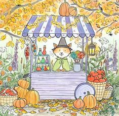 a drawing of a cat selling pumpkins at an outdoor stand in the fall with leaves on the ground