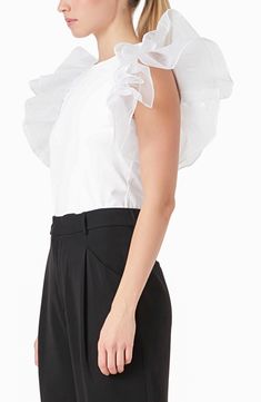 Frothy organza ruffles bring the drama to a fitted cotton top that goes from day to night with ease. Jewel neck Cap sleeves 100% cotton with 100% polyester contrast Hand wash, dry flat Imported Feminine Organza Tops For Spring, Spring Organza Blouse With Ruffles, Summer Organza Tops With Ruffles, Elegant Organza Tops With Ruffles, Elegant Ruffled Organza Tops, Fitted Organza Top With Ruffles, Fitted Organza Tops With Ruffles, Summer Organza Blouse With Ruffles, Chic White Organza Tops