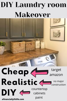 a laundry room makeover with text overlaying the image and below it is an info sheet describing how to clean your laundry room