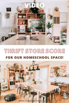 the interior of a home with text overlay that reads thrift store score for our homeschool space