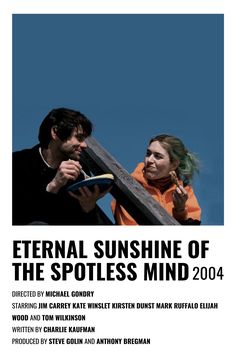 a man and woman standing next to each other on top of a wooden cross with the words, eternal sunshine of the spotless mind