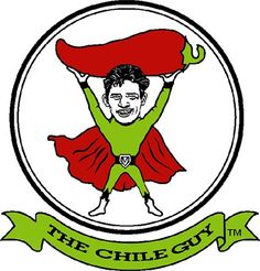 the chili guy logo with a man in a red cape holding up a green pepper