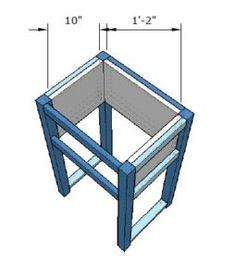 the side view of a blue wooden table with measurements for the top and bottom section