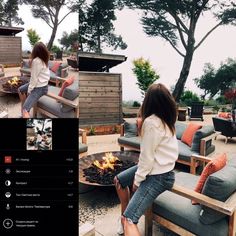 two women sitting on couches in front of a fire pit with chairs around it