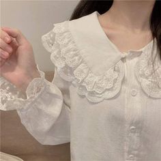 Kawaii Lolita long sleeve Shirt with double lace decoration on collar ONE SIZE Bust: 92cm Length: 58cm Material: COTTON, Polyester Kawaii Pastel Aesthetic, Fashion Course, Woo Young Woo, Japanese Style Fashion, School Uniform Dress, Dresses Cottagecore, Coquette Design, Kawaii Princess, Mori Girl Fashion