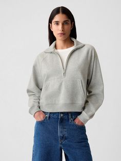 Soft cotton-blend cropped pullover sweatshirt.  Mockneck with half zip closure.  Long sleeves.  * Fit: Over Zip Up Sweater Outfit, Cropped Half Zip, Half Zip Hoodie, Cropped Pullover, Wardrobe Update, Half Zip Sweatshirt, Vintage Soft, Half Zip Sweaters, Half Zip Pullover