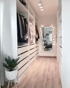 a walk - in closet with white drawers and lights on the walls, along with a plant