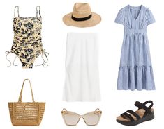 four pieces of clothing and accessories including a hat, sunglasses, straw bag, sunhat