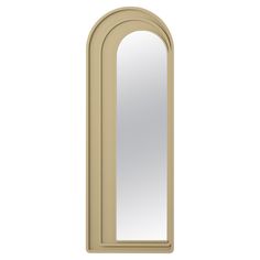 an arch shaped mirror is shown against a white background and has a light brown frame