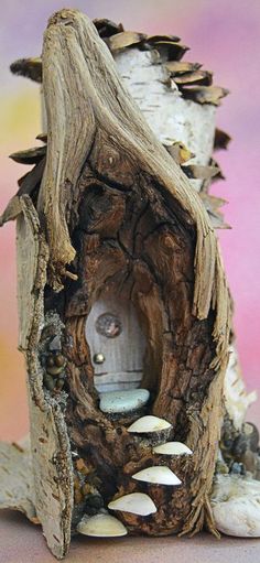 a bird house made out of driftwood with shells on the outside and in the inside