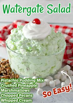 an advertisement for a pistachio pudding mix with marshmallows and whipped cream