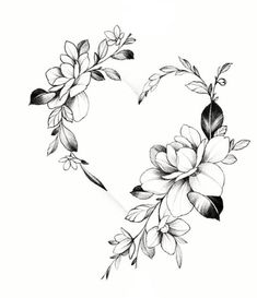 a heart shape with flowers and leaves drawn on the back of it, in black and white