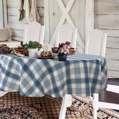 the table is covered with blue and white checkered cloth