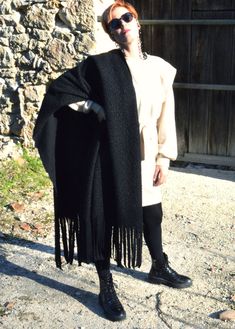 "Large over-sized wool wrap-around scarf with fringe ending, Chunky scarf, wool shawl wrap, winter scarf, warm and comfy, over-coat garment, black blanket , black scarf, meditation shawl for men and women Large oversized shawl wrap for women, wool knitted shawl, wrap in black, teal or black&white colors. This scarf is very soft and comfortable to wear, lightweight but very warm. You can wrap yourself this winter and it will keep you warm. It will be a great accessory for traveling or a gift Winter Fringe Shawl Outerwear, Cozy Shawl For Cold Weather In Winter, Oversized Black Shawl For Fall, Long Fringed Outerwear For Winter, Long Fringe Outerwear For Winter, Long Winter Outerwear With Fringe, Cozy Winter Scarves With Fringe, Oversized Cozy Shawl For Winter, Cozy Oversized Winter Shawl