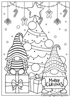 a christmas tree with presents and presents on it in black and white coloring book page