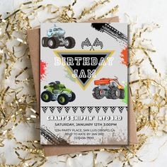 a birthday card with monster trucks on it