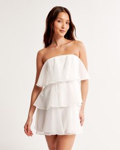 Women's Organza Tiered Strapless Mini Dress | Women's Dresses & Jumpsuits | Abercrombie.com White Ruffle Dress, Tiered Ruffle Skirt, Summer Dresses For Wedding Guest, Straight Neckline, Organza Fabric, Ruffle Mini Dress, Strapless Mini Dress, Ruffle Skirt