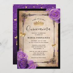 an ornate purple and gold quinceaue wedding card with roses, butterflies and scrolls