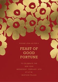 a red and gold floral card with the words feast of good fortune