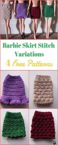 crocheted skirts are shown in four different colors and sizes, with the text barbie skirt stitch variations 4 free patterns