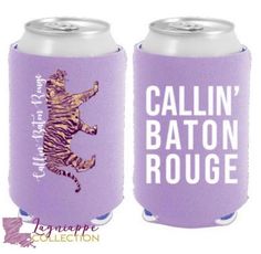 two purple can coolers with a tiger on one and the other saying, callin'baton rougge