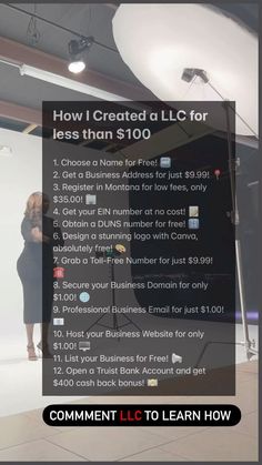 a woman standing in front of a large screen with the words how i created a llc for less than $ 100