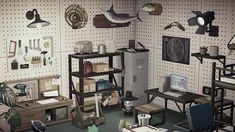 a room filled with lots of clutter next to a computer desk and shelves on the wall