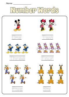 the worksheet for numbers with mickey mouse and friends on it, which includes two different